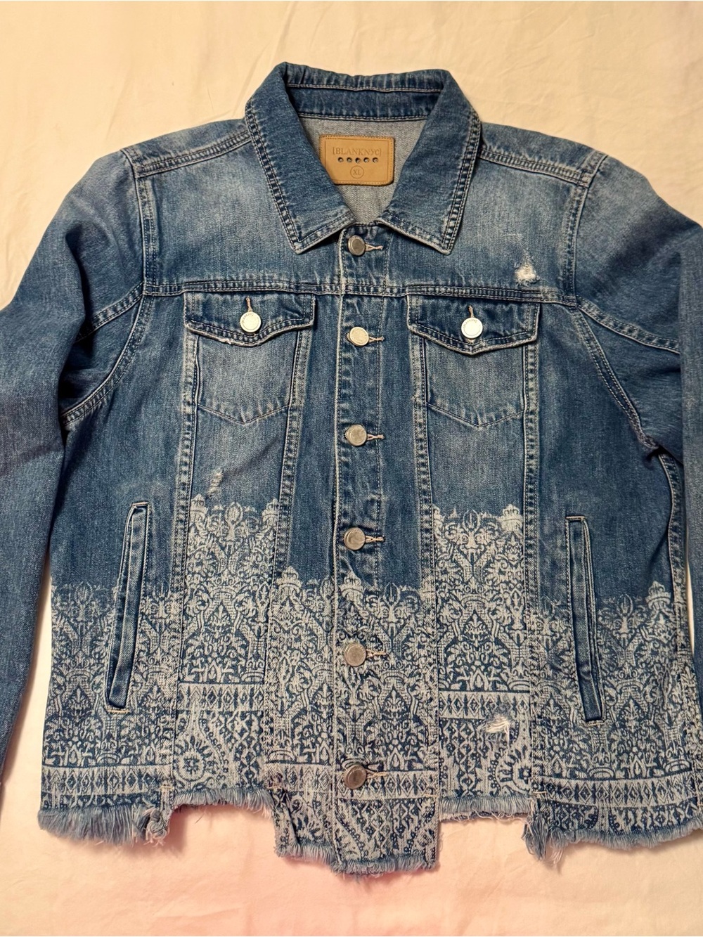 Blank NYC Light Blue Denim Jacket with Tan Label